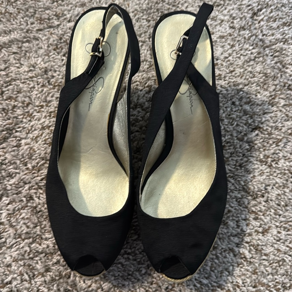Jessica Simpson Black peep toe wedge platform and straw heel